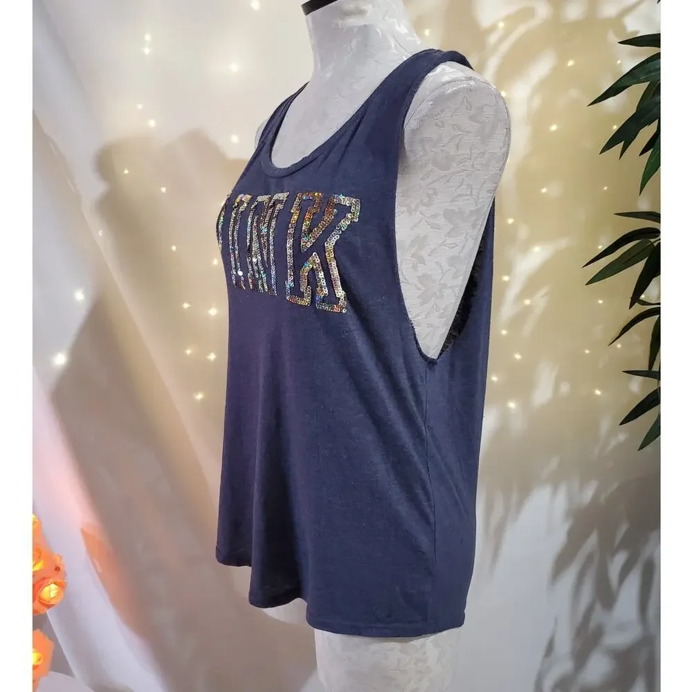 PINK Victoria's Secret Bling Spellout Muscle Tank Top Womens Size S Blue Y2K - Picture 2 of 10